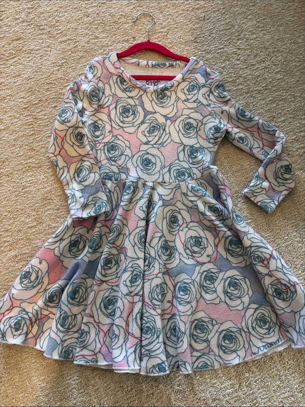 Chaser Girls Rose Print Long Sleeve Dress - Pink & Gray